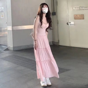 Pink V-neck <b>Elastic</b> Waist Ruffle Maxi <b>Dress</b> For Women Summer Beach Cover Up Solid Color One Piece - Product Image 4