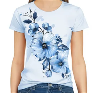 Женская рубашка с принтом на заказ, летняя повседневная Однотонная футболка с коротким рукавом и цветочным принтом, круглым вырезом