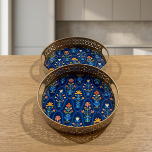 Plateaux décoratifs ronds avec motif floral, style bohème, avec poignée, artisanat en métal - Product Image 5