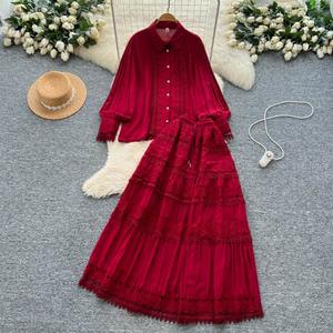 Элегантный комплект из 2-х предметов, Женская Осенняя блузка в стиле французского двора, свободная блузка с длинными рукавами, расклешенная юбка миди с высокой талией - Product Image 6