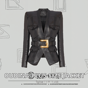 Chaqueta Corta OUDINA Talla Grande XXL, Cuello en V, con Cinturón, de Cuero PU Tejido, para Mujer, Primavera, Verano, Otoño, Invierno, Ecológica - Product Image 2