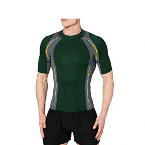 Camiseta de Compresión Deportiva para Hombre, Manga Corta, Neopreno, Color Verde, Diseño en Bloques de Color Gris y Amarillo, Secado Rápido, Transpirable, para Actividades al Aire Libre - Product Image 1