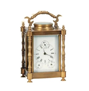 Horloge à carrosse antique en bambou et laiton avec 4 chapitres, plateforme visible, échappement, cadran en porcelaine, avec alarme, répétiteur et calendrier - Product Image 1