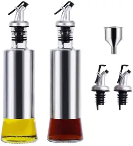 橄榄油分配器银色瓶油和醋坩埚玻璃瓶带分配器17盎司流行油和醋分配