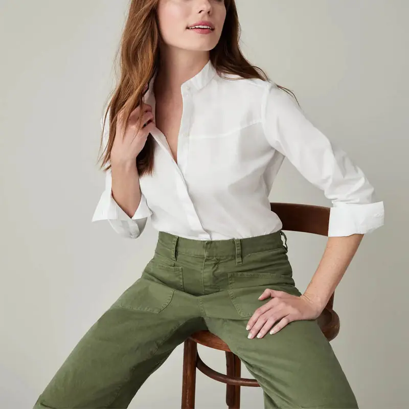 Camisa ajustada de algodón personalizada para mujer, camisas formales blancas con solapa y botones, blusa para oficina