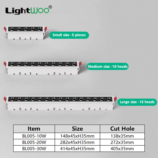 Aluminum Frame Mini Wall Washer Light LED Recessed Linear Down Lights Anti Glare Grille Downlight 20W Rectangular Spotlight
