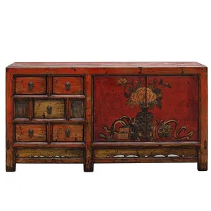 Hand painted chinese antique two door five drawer sideboard chest