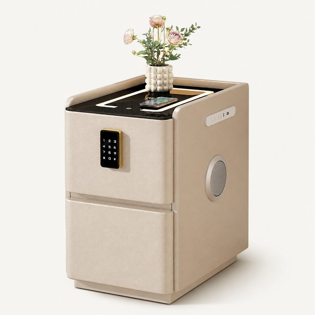 Modern Smart Nightstand with Wireless Charging Biometric Fingerprint Lock Bluetooth Speaker Bedside Table 2 Drawers