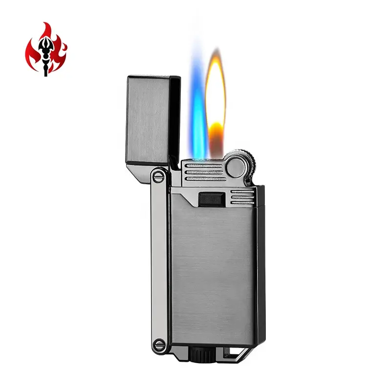 Custom Creative Double Fire Gas Lighter,Open Flame and Jet Torch Windproof Wheel Ignition Flint Gas Retro Cigarette Lighter