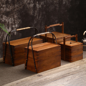 Bamboo double-layer pastry <b>box</b>, lacquered tea <b>box</b>, outdoor portable multi-layer food <b>box</b>, tea ceremony accessory storage. - Product Image 1