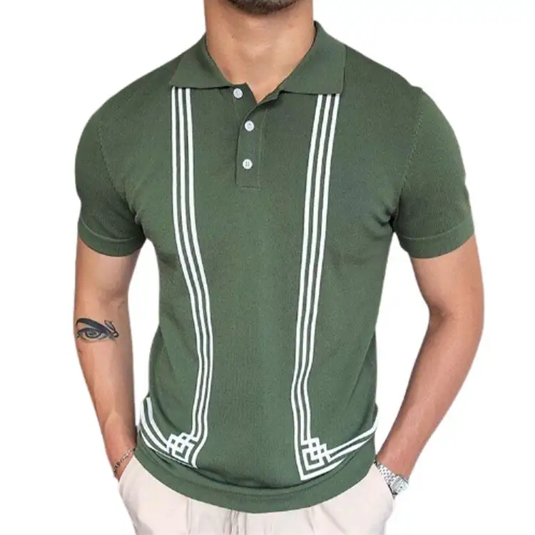 男性ファッションカラーブロック縦縞スリムフィットラペルボタンアップニットヒットカラー半袖ゴルフスポーツポロtシャツシャツ