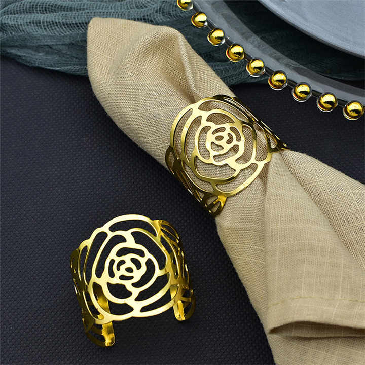Wholesale Rose Shaped Golden Napkins Rings Metal Napkin Clasps and Table Decorations for Weddings and Parties