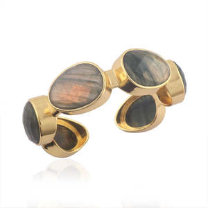 High quality gold plated cuff natural fire labradorite gemstone <b>bracelet</b> solid brass metal fashion jewelry <b>boho</b> style open cuff - Product Image 1