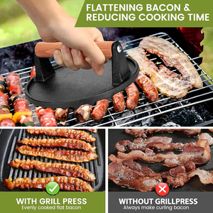 Prensa para Hamburguesas Antiadherente, Prensa para Carne, <span class=keywords><strong>Plancha</strong></span> de Hierro Fundido Resistente, Prensa para Hamburguesas con Mango de Madera - Product Image 5