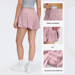 Individuelles Logo 2-in-1 Schnelltrocknende Laufshorts Atmungsaktive Doppelschicht-Kordelzug Yoga Lose Sport-Gym-Shorts für Frauen - Product Image 2