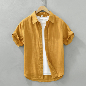 Vendita calda <span class=keywords><strong>Camicia</strong></span> Casual a maniche corte da uomo in cotone traspirante in <span class=keywords><strong>lino</strong></span> <span class=keywords><strong>arancione</strong></span> personalizzato con Logo ampio Button up camicie - Product Image 1