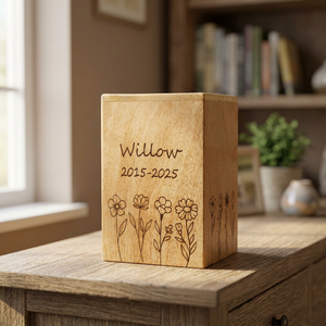 Personalized Wooden Pet Urn Engraved With Name And Dates Floral Design Natural Wood Finish Cremation <b>Keepsake</b> <b>Box</b> - Product Image 2