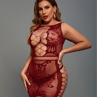 Combinaison en résille grande taille avec broderie décorative, rouge, transparente, body en résille, lingerie sexy pour femmes