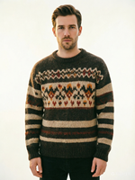 Pull vintage style Fair Isle nordique, rayures aux tons terreux, texture tricotée épaisse, un incontournable pour la mode masculine automne/hiver.