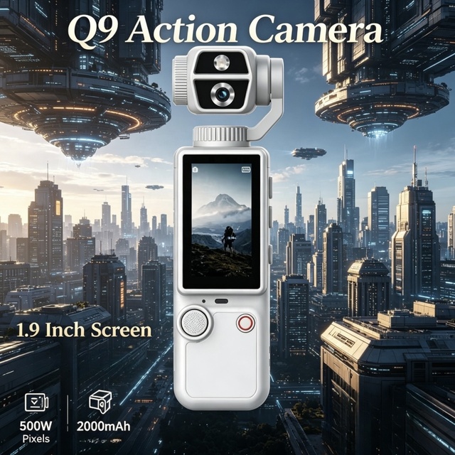 Portable Q9 Sports Camera 1.9 Inch HD Screen 180° Rotatable 5.0MP Cam with Fill Light 2000mAh Battery for Photo Video Recording