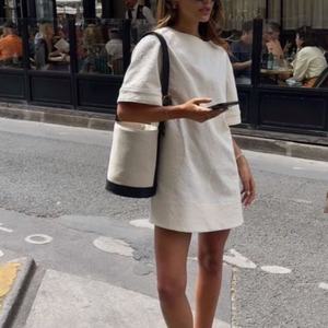 Vestidos de Lino al por Mayor para Mujer, Cuello Redondo, Manga Corta, Holgados, Mini Vestidos de Playa - Product Image 2