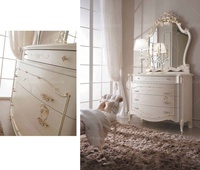 Meuble de chambre à coucher élégant de haute qualité en bois massif blanc italien avec 5 tiroirs, miroir et tabouret