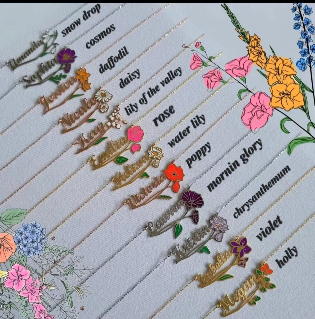 Blüten Geburt Blume Name Anhänger Halskette Plattierte Stahlketten religiöser Stil Müttertagsgeschenk für Frauen und Mädchen