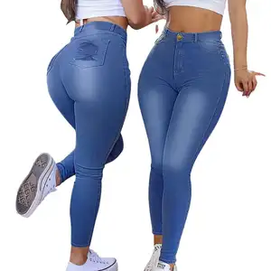 High Quality Custom European Fashion Female Plus Size Denim Pants Blue Color Women High Waist Skinny Jeans