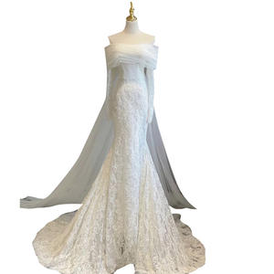 فستان زفاف بتصميم حورية البحر من الدانتيل والكريستال، طويل يصل للأرض، مصنوع من القطن 100%، مضاد للكهرباء الساكنة، بتصميم مكشوف الكتفين، راقي وبسيط على الطراز الفرنسي - Product Image 5