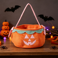Sac de bonbons d'Halloween en forme de citrouille, mignon, brodé, en tissu de coton, avec poignée rose et dispositif de sécurité pour fête d'Halloween