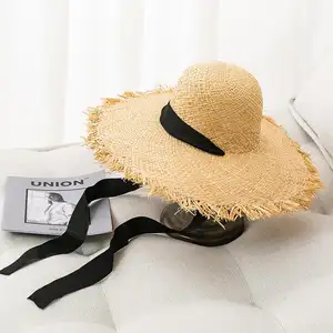 Cappello all'ingrosso di lusso alla moda con bordo largo in paglia di rafia per donne signore spiaggia parasole bali Boho