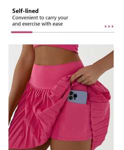 بيع بالجملة تنورة اليوغا عالية الخصر مطوي مع جيوب النساء طبقات مزدوجة 2 في 1 لون خالص ملابس تنس الجولف - Product Image 3