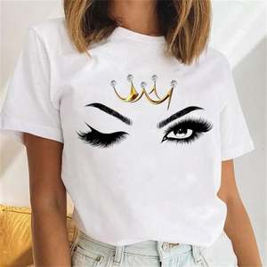 Venta al por mayor de ropa de mujer impresa divertida camiseta de dibujos animados de pestañas señora manga corta gráfico barato de talla grande barato <span class=keywords><strong>camisetas</strong></span> <span class=keywords><strong>baratas</strong></span> Tops - Product Image 1