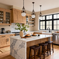 Armoires de cuisine Shaker en chêne massif, armoires sur mesure style farmhouse avec îlot en marbre et vitrine pour la rénovation de la maison