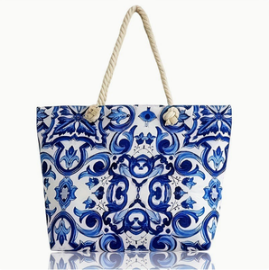 กระเป๋าหิ้วชายหาดลายครามสีน้ำเงินขาว PEIQUAN ขายดี กระเป๋าช้อปปิ้งสำหรับผู้หญิง จุของได้เยอะ มีหูหิ้ว เหมาะสำหรับวันหยุดพักผ่อน - Product Image 1