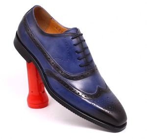 Lace up Stylish Oxford Mens Blue Dress Genuine Leather <b>Shoes</b> Italian - Product Image 5