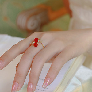 Red Agate Open Ring For Women Adjustable Retro Light Luxury Jewelry Gift Geometric Shape Prong Setting - Product Image 4