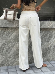 Pantalon large blanc taille haute pour femme, couleur unie, fermeture boutonnée, coupe ample, longueur complète, décontracté, en coton, pour l'été - Product Image 5