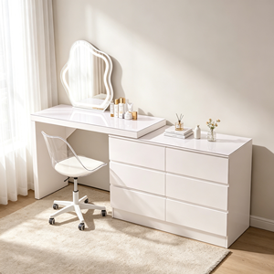 Coiffeuse moderne blanche avec miroir LED, meuble de rangement et chaise pour chambre à coucher - Product Image 5