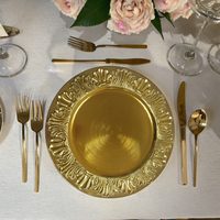 Assiettes de présentation rondes de luxe en PP réutilisables, dorées, avec motif floral en spirale, pour mariage, motif personnalisé, vente en gros