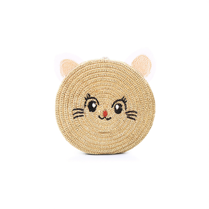 Bolso redondo pequeño tejido con paja estilo gato de ojos abiertos, 12x6cm, para niños - Product Image 1