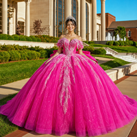 Robe de Quinceañera pour 15 ans, Robe de bal, Épaules dénudées, Appliques, Dentelle, Perles, Satin, Traîne, Décolleté cœur, Style Princesse, pour Fête