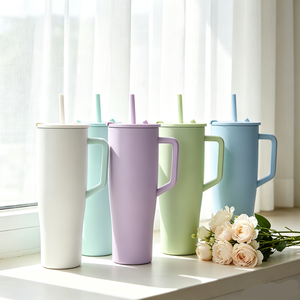 Mug de voyage personnalisé en acier inoxydable, isotherme, anti-fuite, avec poignée et paille, 40 oz - Product Image 1