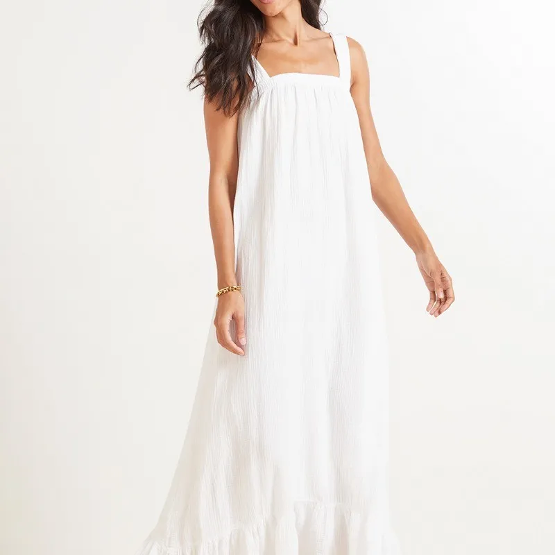 2023 Spring Women Double Cotton Gauze Pleated Long Midi White A Linen Off Shoulder Evening Dress For Women