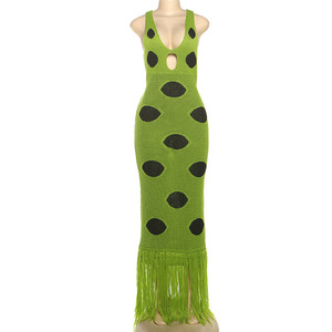 D8177-Primavera 2026 Abbigliamento Donna Elegante e Trendy <span class=keywords><strong>Abito</strong></span> Lungo Verde a Pois Traforato Senza Maniche in Maglia <span class=keywords><strong>con</strong></span> <span class=keywords><strong>Frange</strong></span> - Product Image 5