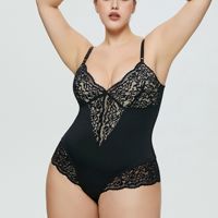 Femmes Sexy Dentelle Col En V Mini Moulante Split Body Robe avec String Culotte Ventre Contrôle Shapewear