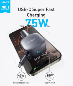 Anker 2738 75W <b>USB</b> C <b>Car</b> <b>Charger</b> Ultra-Compact Type C Fast <b>Charger</b> Retractable Cable Compatible for iPhone 16/15 MacBook Pro/Air - Product Image 3