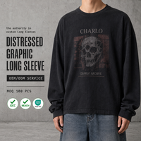 T-shirt graphique oversize à manches longues, imprimé crâne vieilli, noir, streetwear, vintage, décontracté, personnalisé, OEM, ODM, vente en gros