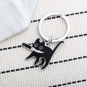 Niedlicher schwarzer Katzen-Schlüsselanhänger aus Emaille-Metall mit Messer, kreativer Cartoon-Tier-Schlüsselring, lustiger Taschenanhänger, kleines Neuheiten-Geschenk für - Product Image 2