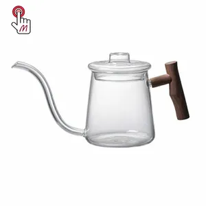 Juego de tetera de cristal antiguo de borosilicato al por mayor con colador de cristal y mango de madera